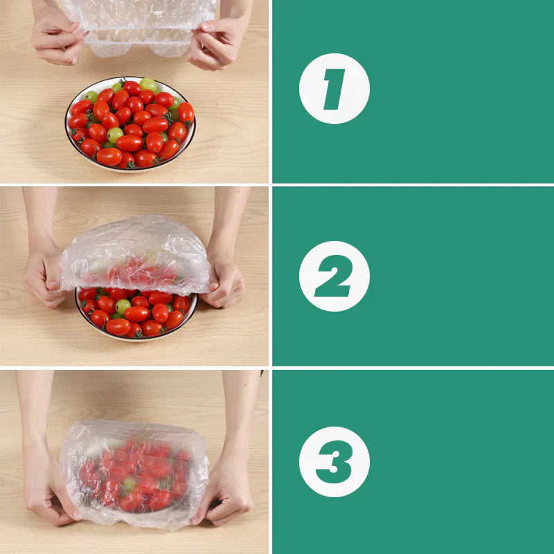 Drei Schritte zur Anwendung der PlasticWrap Frischhaltehaube an einer Schüssel mit Tomaten