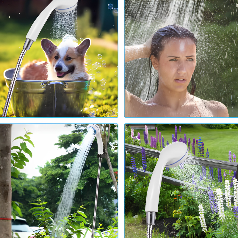 PortableShower beim Duschen im Freien und beim Waschen eines Hundes im Garten
