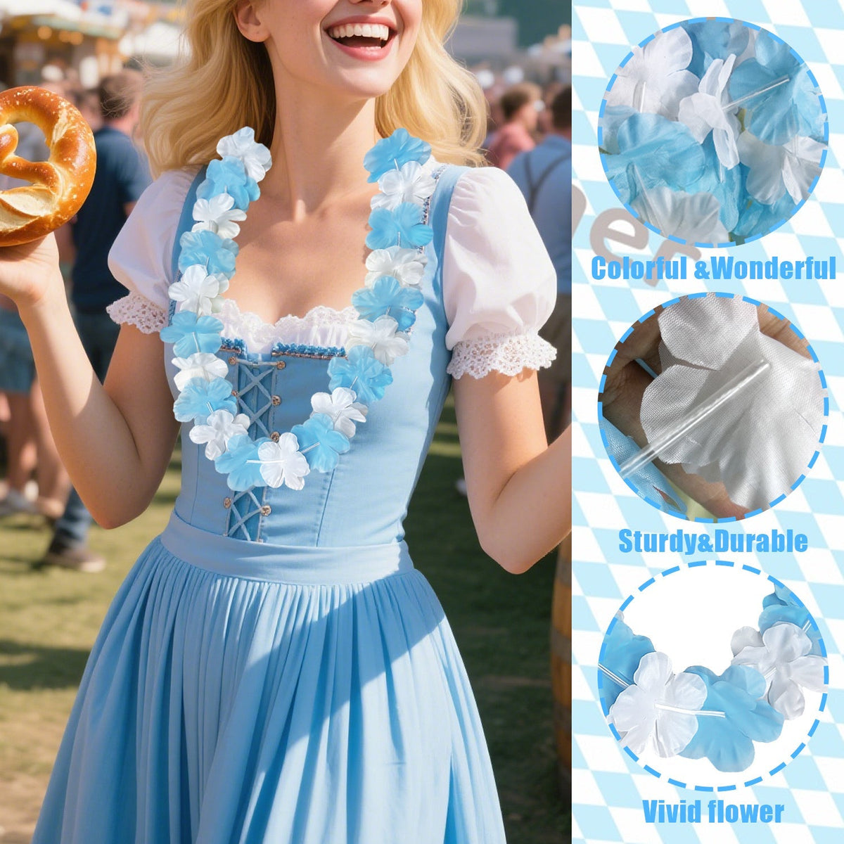Oktoberfest Deko-Ketten Blumengirlande, Blau-Weiß 24 Stück