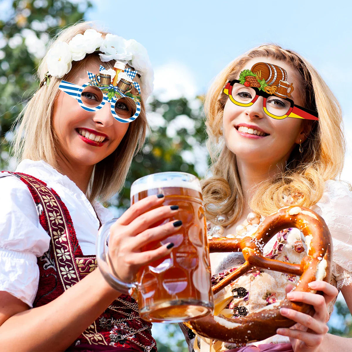 Oktoberfest Fotobrillen 12er-Set Papier, Partyaccessoire Bierkrug Brezel