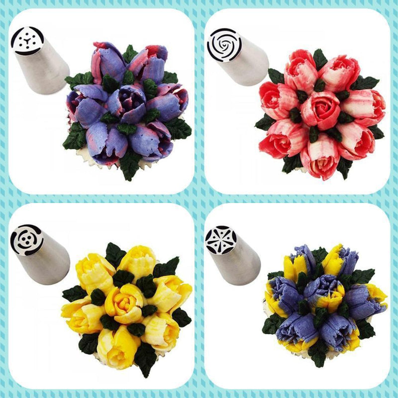 Vier Edelstahl-Spritztüllen des PipingTip-Sets im Einsatz für unterschiedliche Blumenmuster