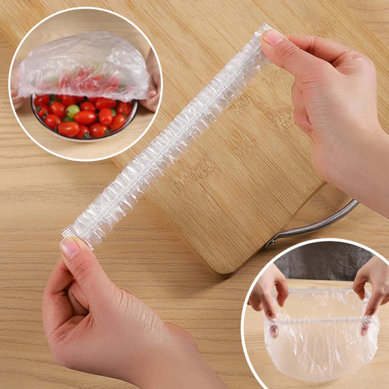 Elastischer Rand der PlasticWrap Frischhaltehaube flach und gespannt, mit Anwendungsbeispielen an Schüsseln
