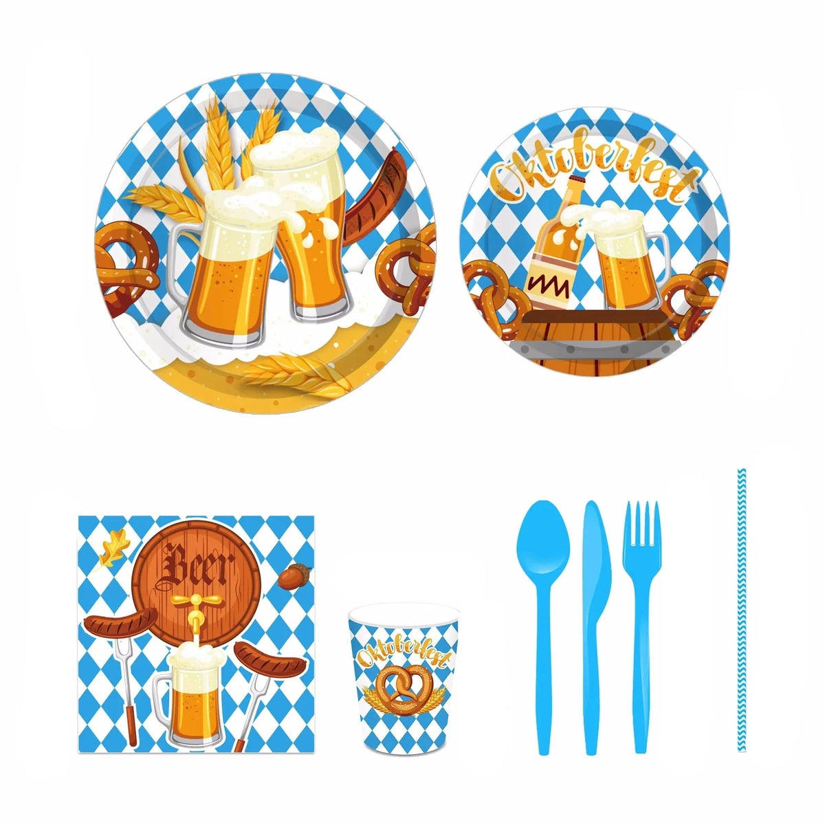 Oktoberfest Einweggeschirr-Set 76-teilig, Bayerisches Rautenmuster