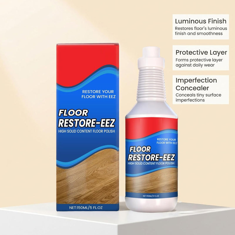 FloorPolish Verpackung und Flasche mit Produktvorteilen: Glanz, Schutzschicht, Kaschierung kleiner Kratzer