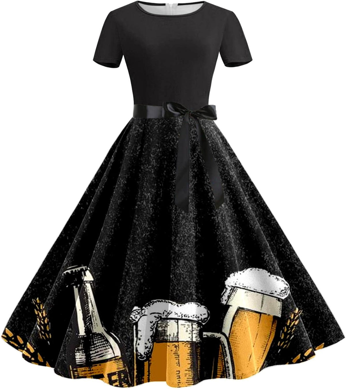 Dirndl Kleid Damen Oktoberfest, Bierkrug- & Brezn-Print