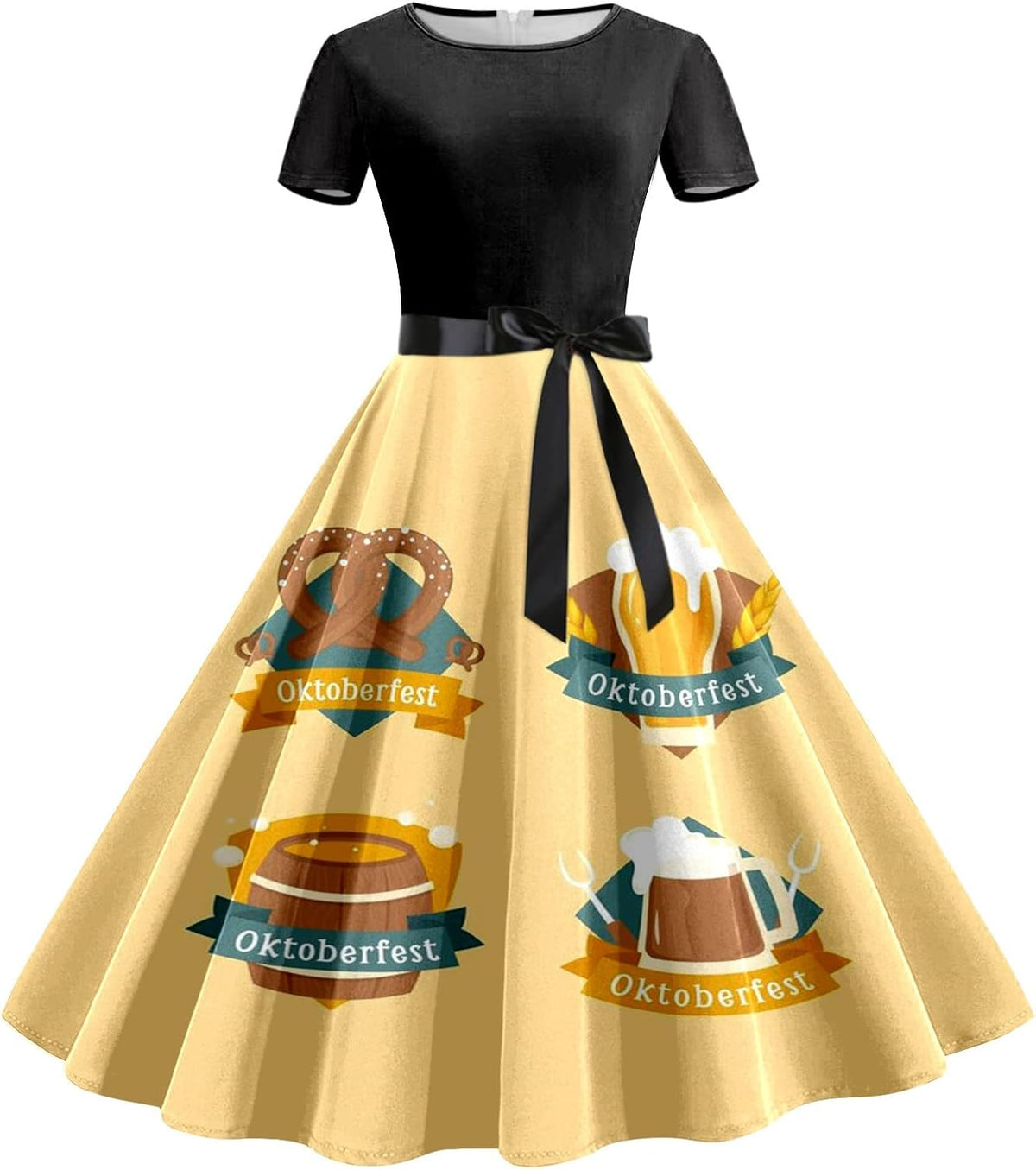 Dirndl Kleid Damen Oktoberfest, Bierkrug-Print mit Taillenband