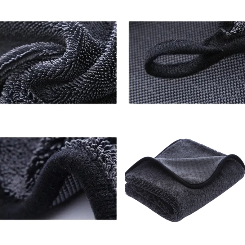 CleaningTowel Detailcollage: Gewebe, Randnaht und Anwendung am Auto