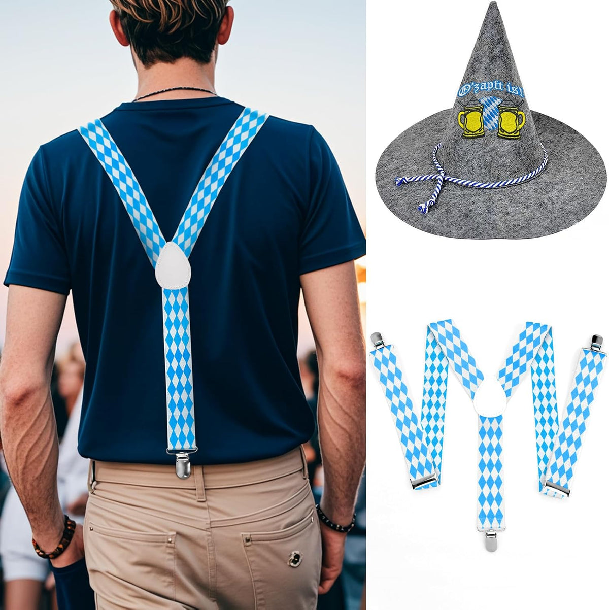 Trachten-Set Oktoberfest, Filzhut & Hosenträger Grau