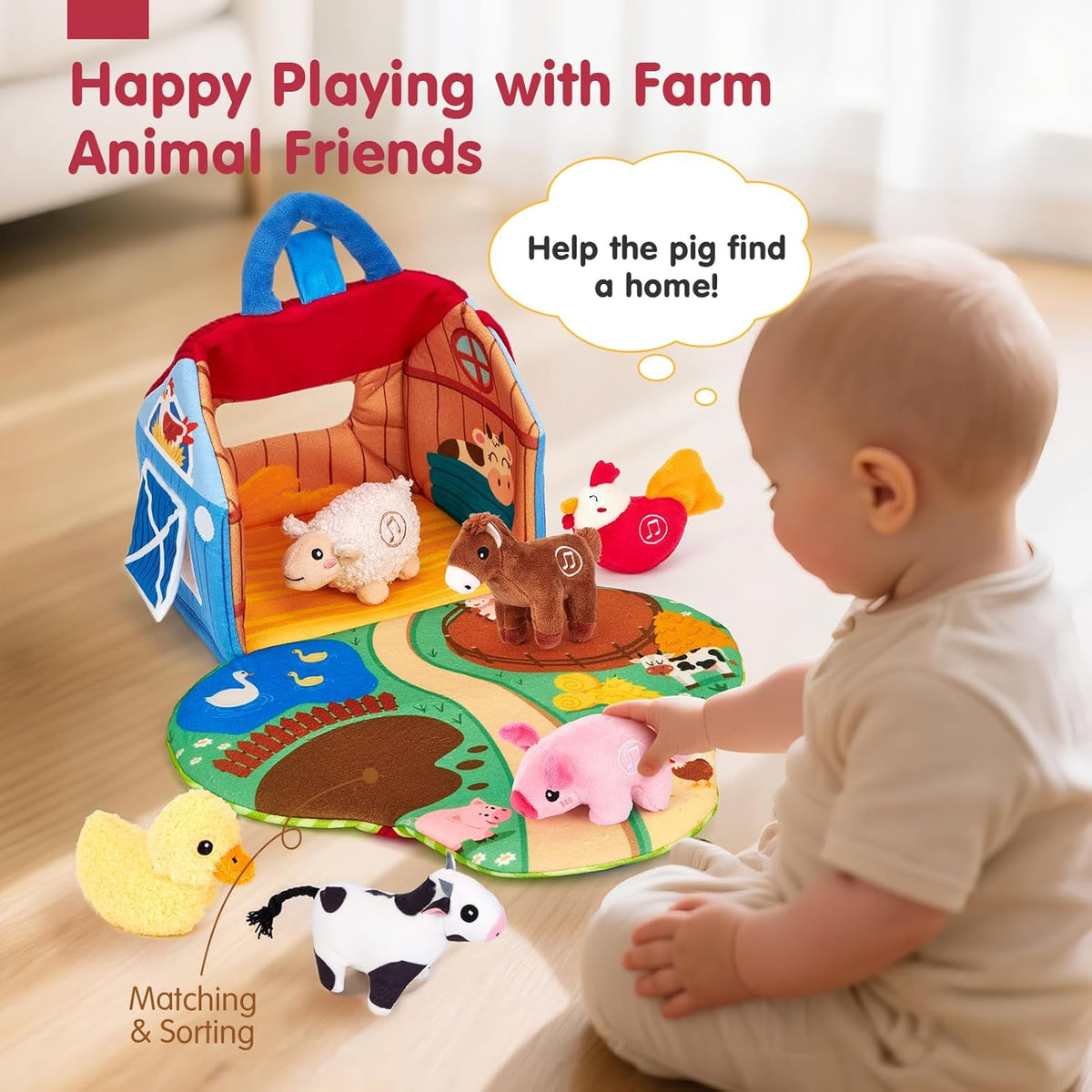 FarmPlayset Bauernhof-Spielzeug Kinder, Plüschtiere mit Tragbarem Spielhaus