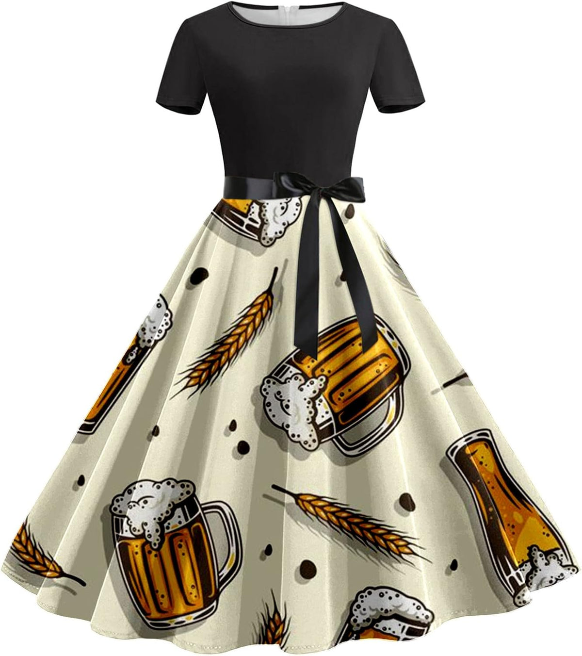 Dirndl Kleid Damen Oktoberfest, Bierkrug- & Brezn-Print