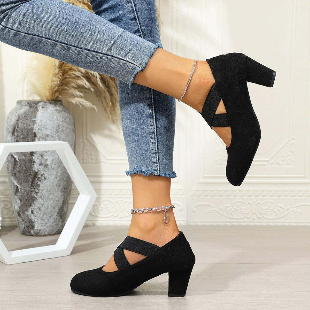 Trachtenschuhe Damen Oktoberfest, Samt Pumps mit Kreuzband