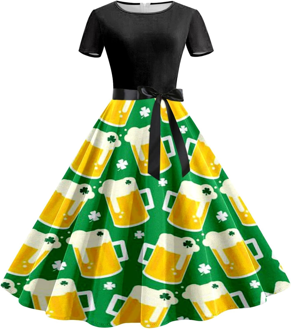 Dirndl Kleid Damen Oktoberfest, Bierkrug-Print mit Taillenband