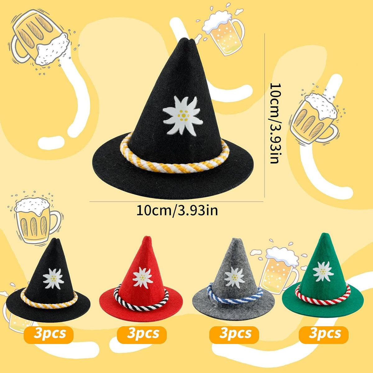 Oktoberfest Mini-Trachtenhüte Filz Bunt, Flaschendeko 12er-Set