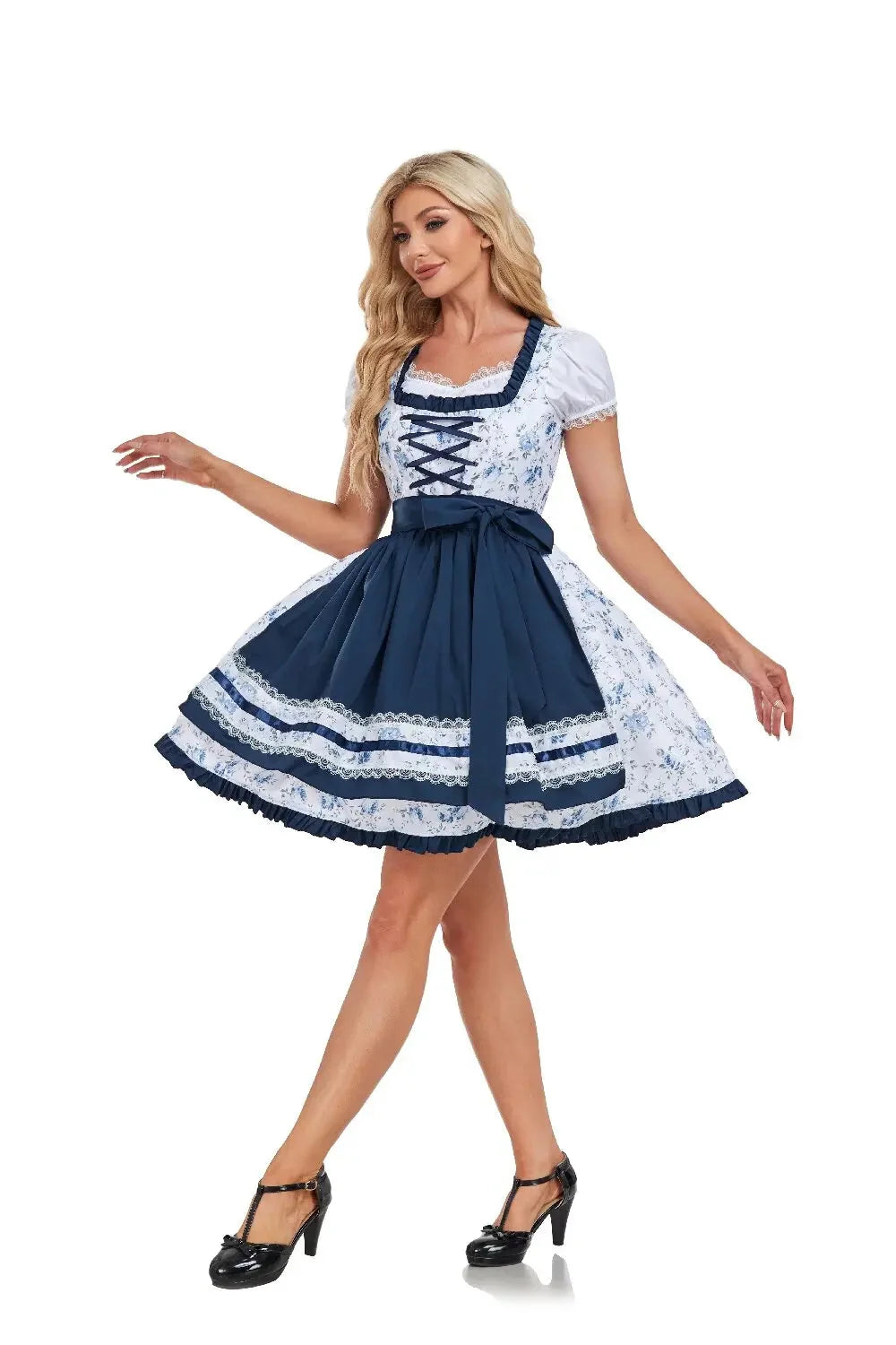 Dirndl Damen Oktoberfest Blau-Kariert, Dirndlkleid Traditionell mit Schürze