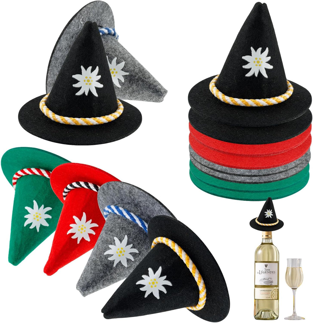 Oktoberfest Mini-Trachtenhüte Filz Bunt, Flaschendeko 12er-Set