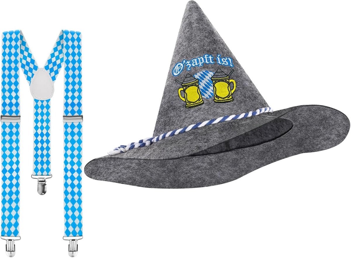 Trachten-Set Oktoberfest, Filzhut & Hosenträger Grau