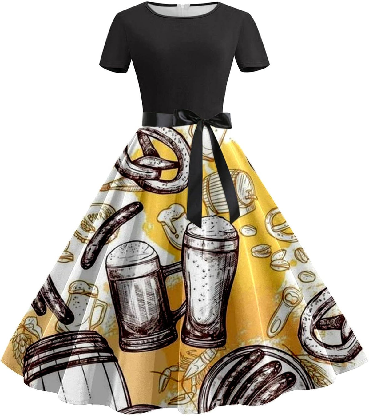 Dirndl Kleid Damen Oktoberfest, Bierkrug- & Brezn-Print
