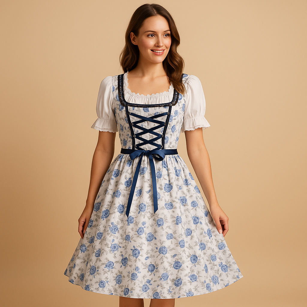 Dirndl Damen Oktoberfest, Trachtenkleid Spitzendetails Blau-Weiß Taillenschnitt