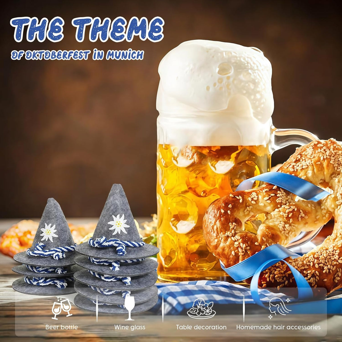 Oktoberfest Mini-Trachtenhüte Filz Grau, Flaschendeko 12er-Set
