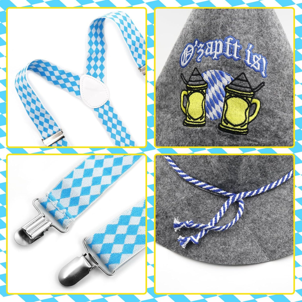 Trachten-Set Oktoberfest, Filzhut & Hosenträger Grau