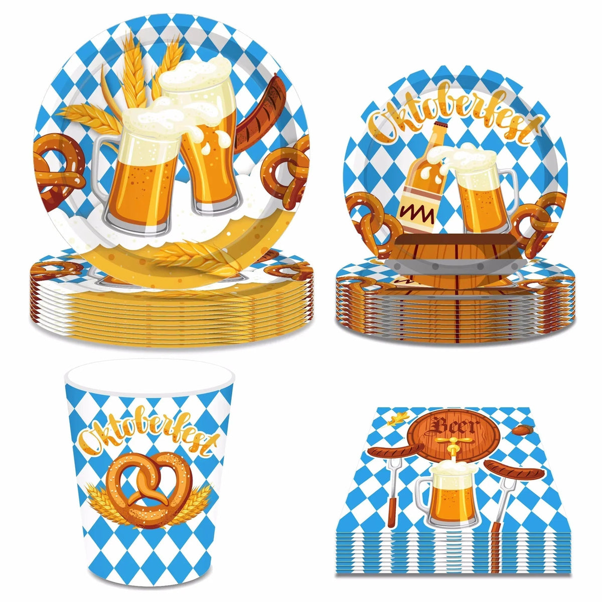 Oktoberfest Einweggeschirr-Set 76-teilig, Bayerisches Rautenmuster
