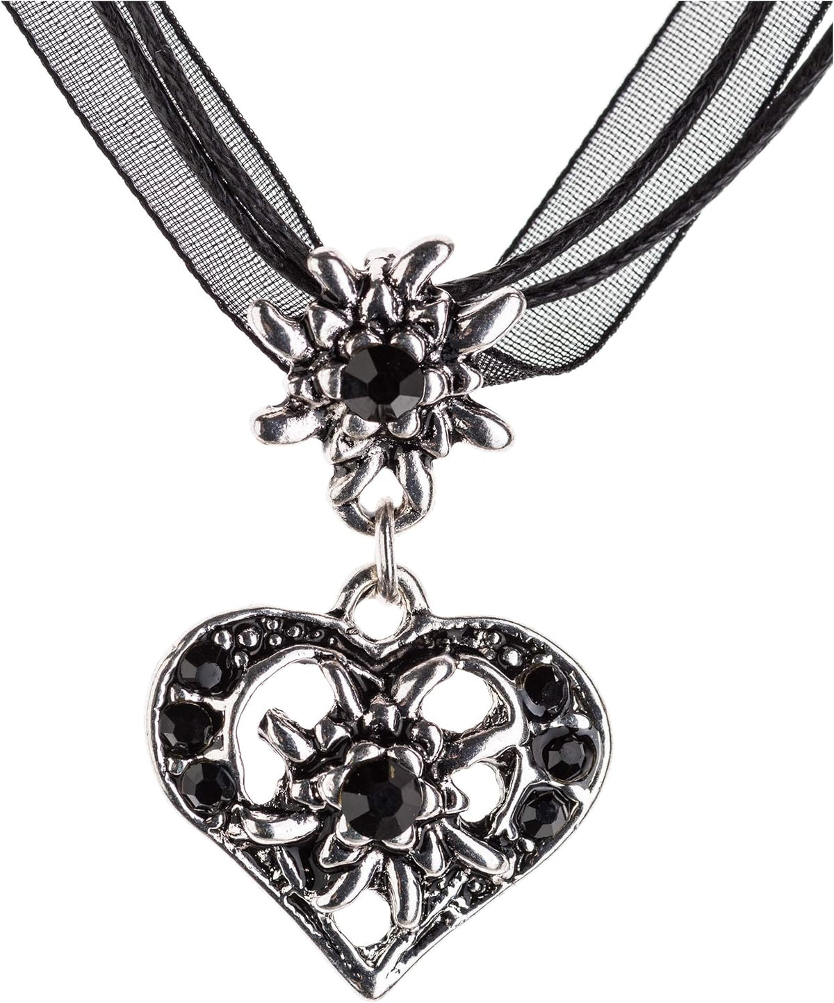 Trachten Schmuck Edelweiß Herzcollier, Strass Schwarz