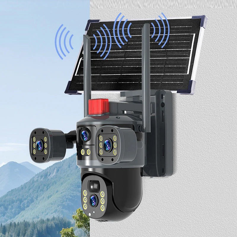 DomeCamera – Solarbetriebene Überwachungskamera mit Dreifachobjektiv, Schwarz