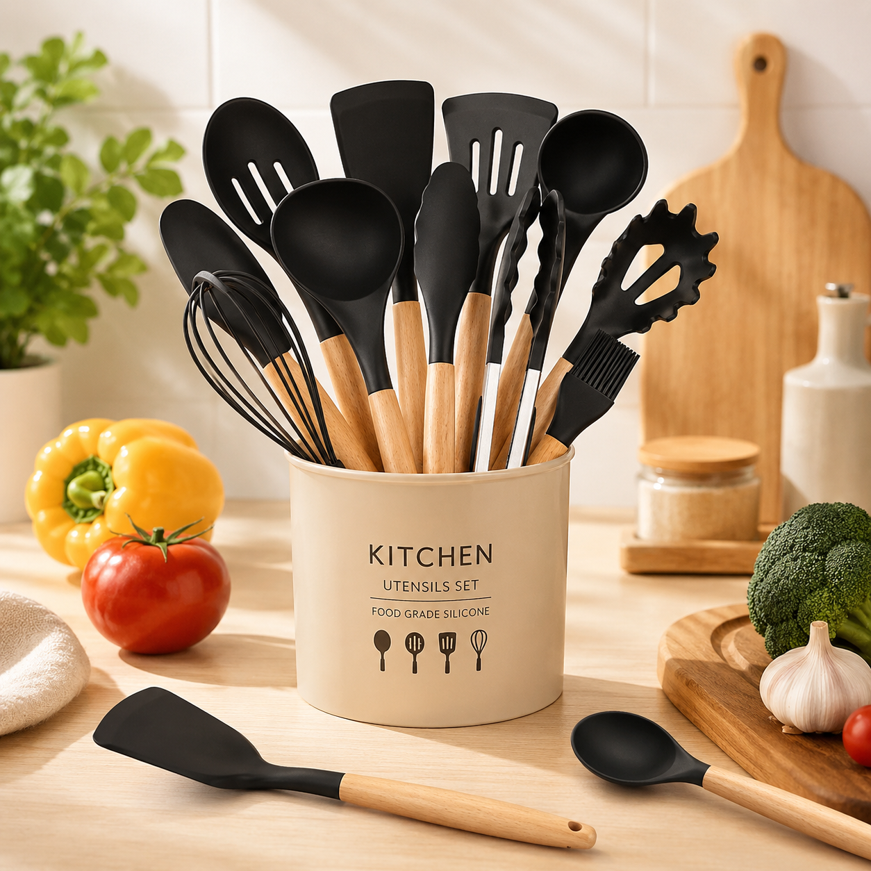 Silikon Küchenhelfer Set mit Holzgriffen – 11-teilig