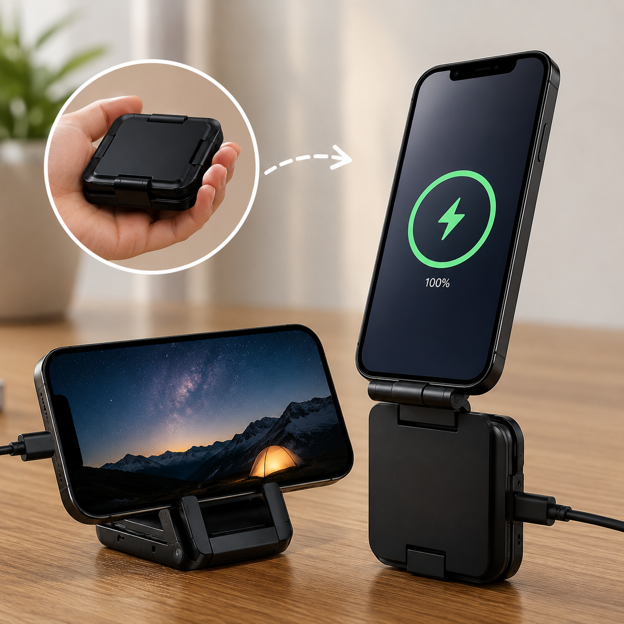 Kompaktes USB-Ladegerät mit Klappbarem Handyständer