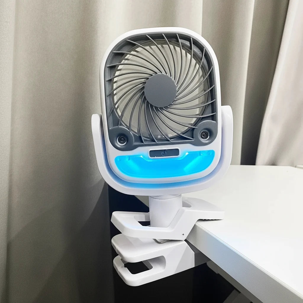 Mini-Ventilator mit Clipfuß an Tischkante befestigt