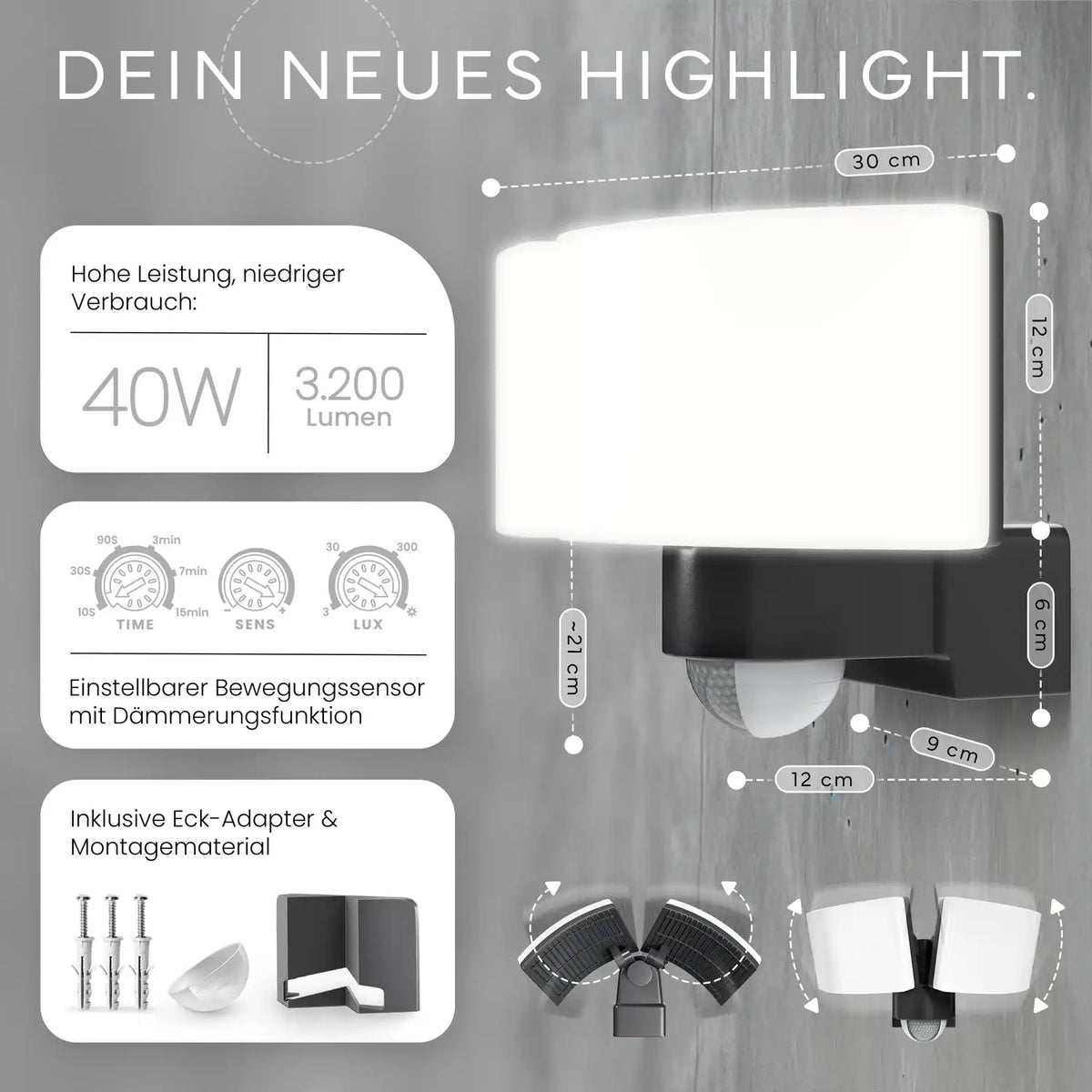 Wandleuchte LUMAX DUO mit Sensor an Hauswand montiert