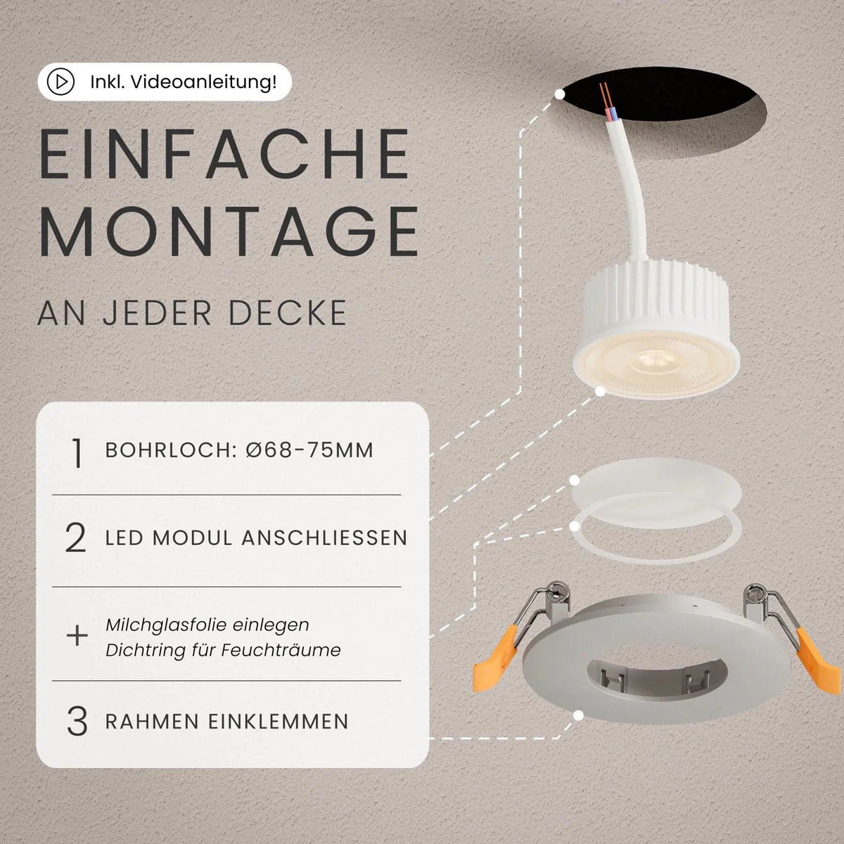 Einbaustrahler NUA dimmbar, 510lm, IP44, CRI90+