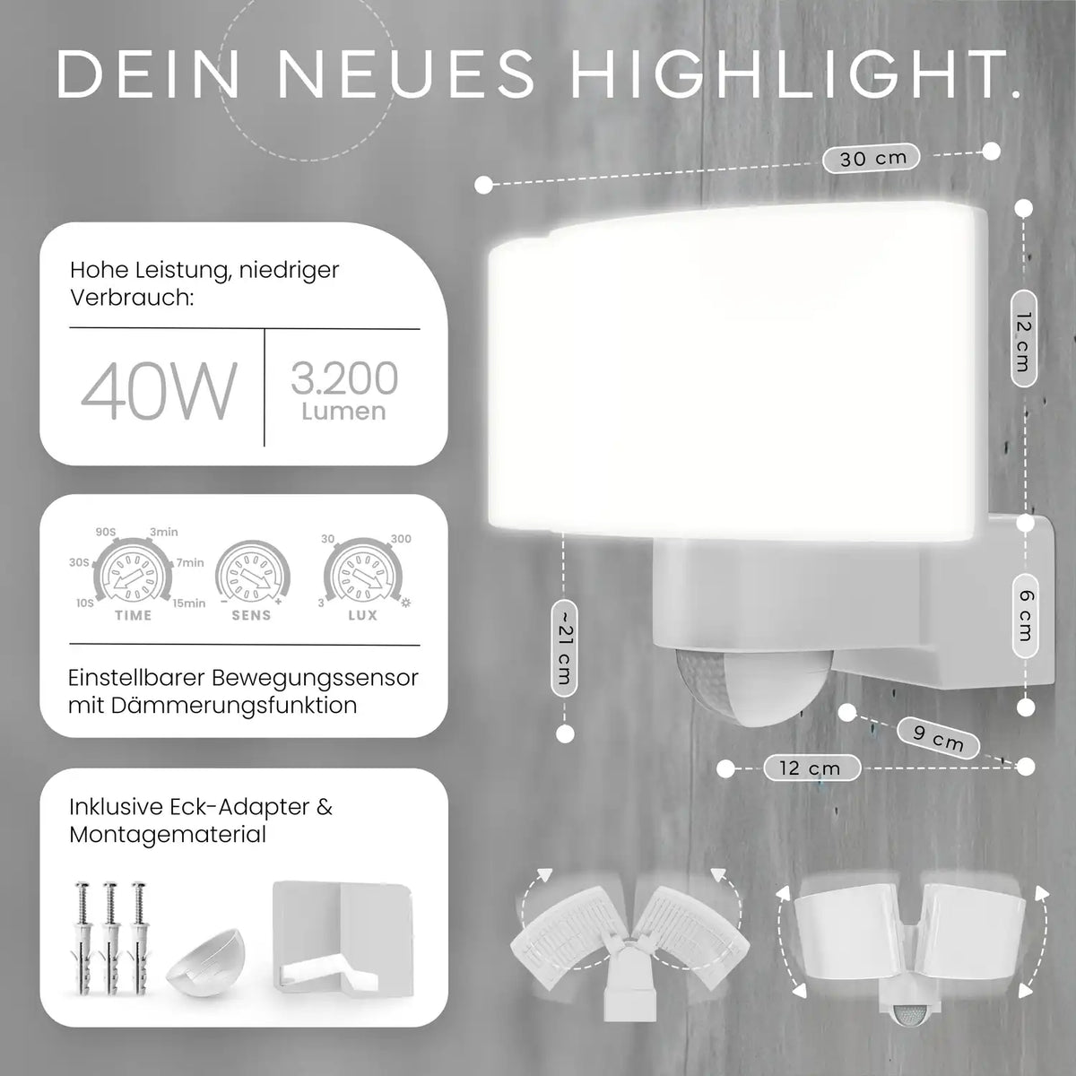 Wandleuchte LUMAX DUO mit Sensor Farbe Weiß Detailansicht