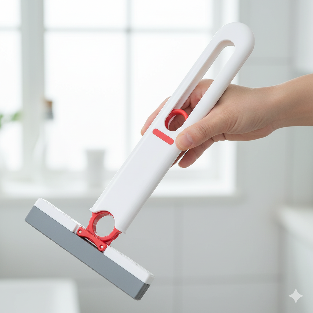 SqueezeMop Mini-Mopp in der Hand gehalten, Nahaufnahme des Griffs