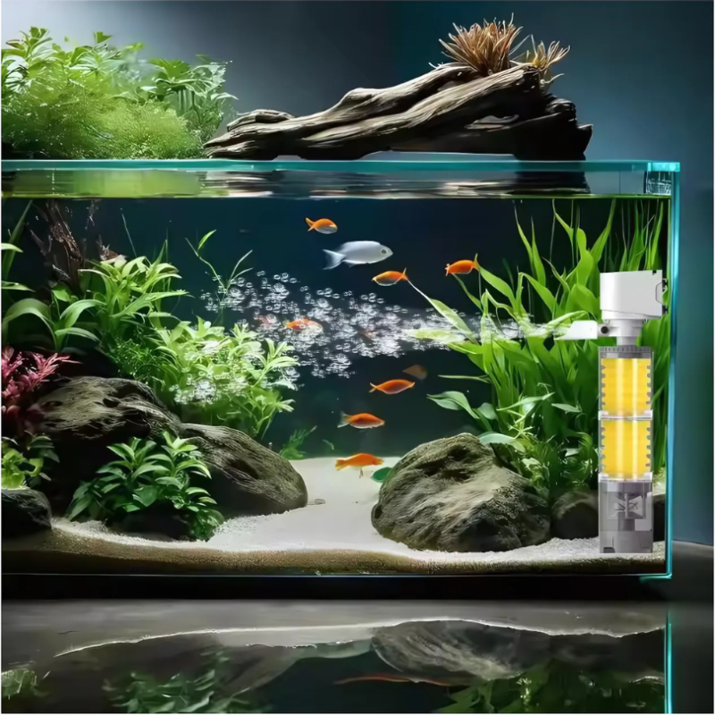 AquariumFilter im eingerichteten Süßwasseraquarium mit Pflanzen und Fischen