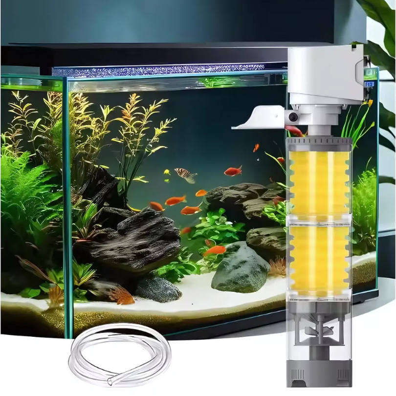 AquariumFilter montiert im eingerichteten Aquarium mit Pflanzen und Fischen