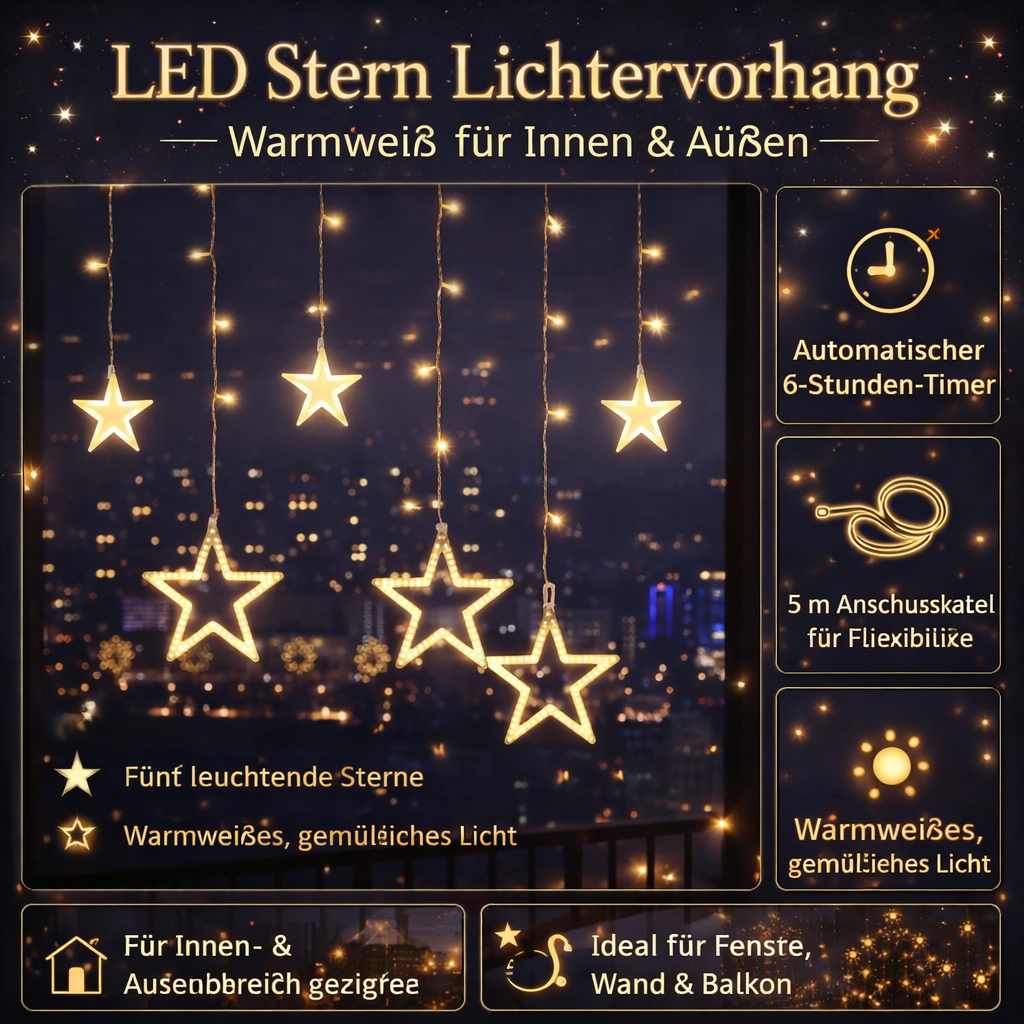 LED Stern-Lichtervorhang – Warmweiß, Timer-Funktion