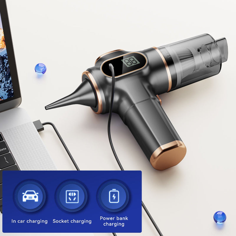 MiniVacuum Handstaubsauger lädt über USB-C-Kabel, mit Lademöglichkeiten über Auto, Steckdose oder Powerbank