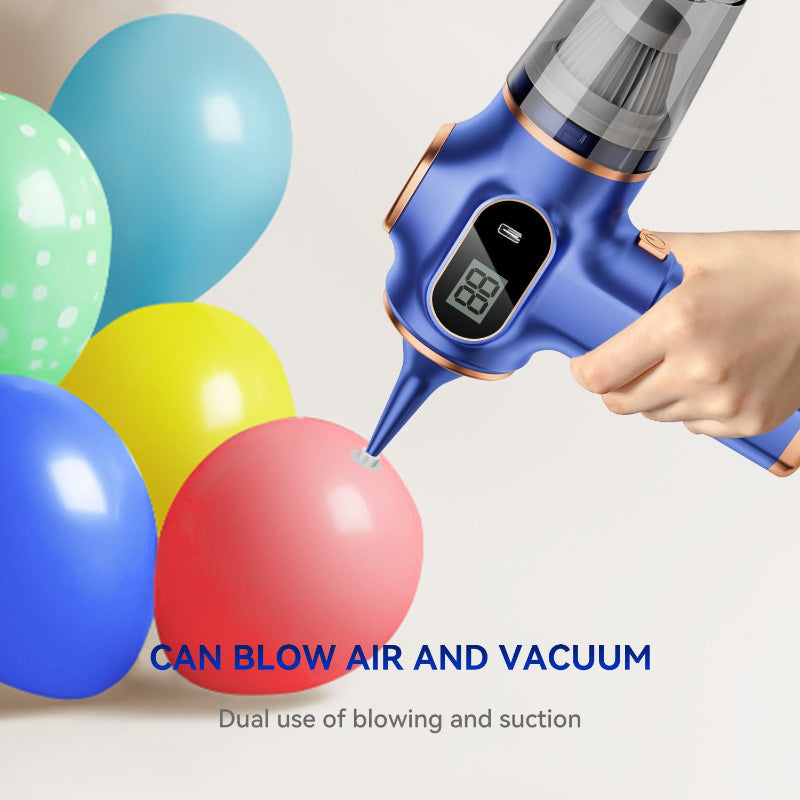 MiniVacuum Handstaubsauger bläst Luft zum Aufblasen bunter Luftballons – Beispiel für die Blasfunktion