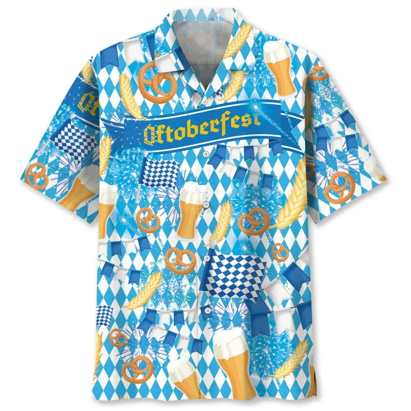 Oktoberfest Hemd Hawaii-Style, Bier- & Brezn-Muster Unisex