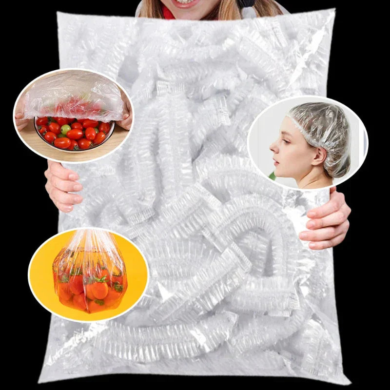 Verschiedene Anwendungsbeispiele der PlasticWrap Frischhaltehaube: als Schüsselabdeckung, Beutel und Kopfhaube