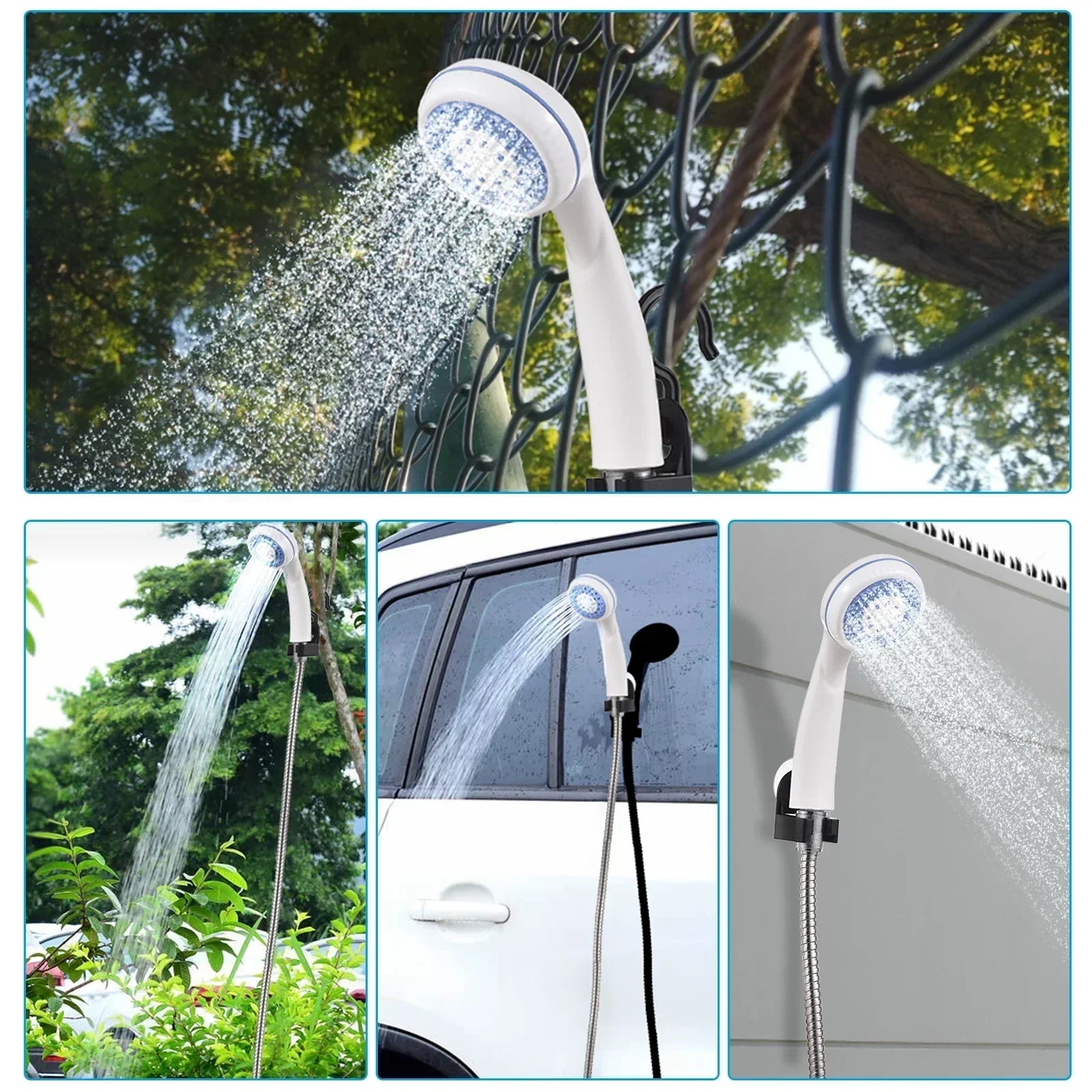 PortableShower im Einsatz: am Baum, an glatter Fläche und in der Hand