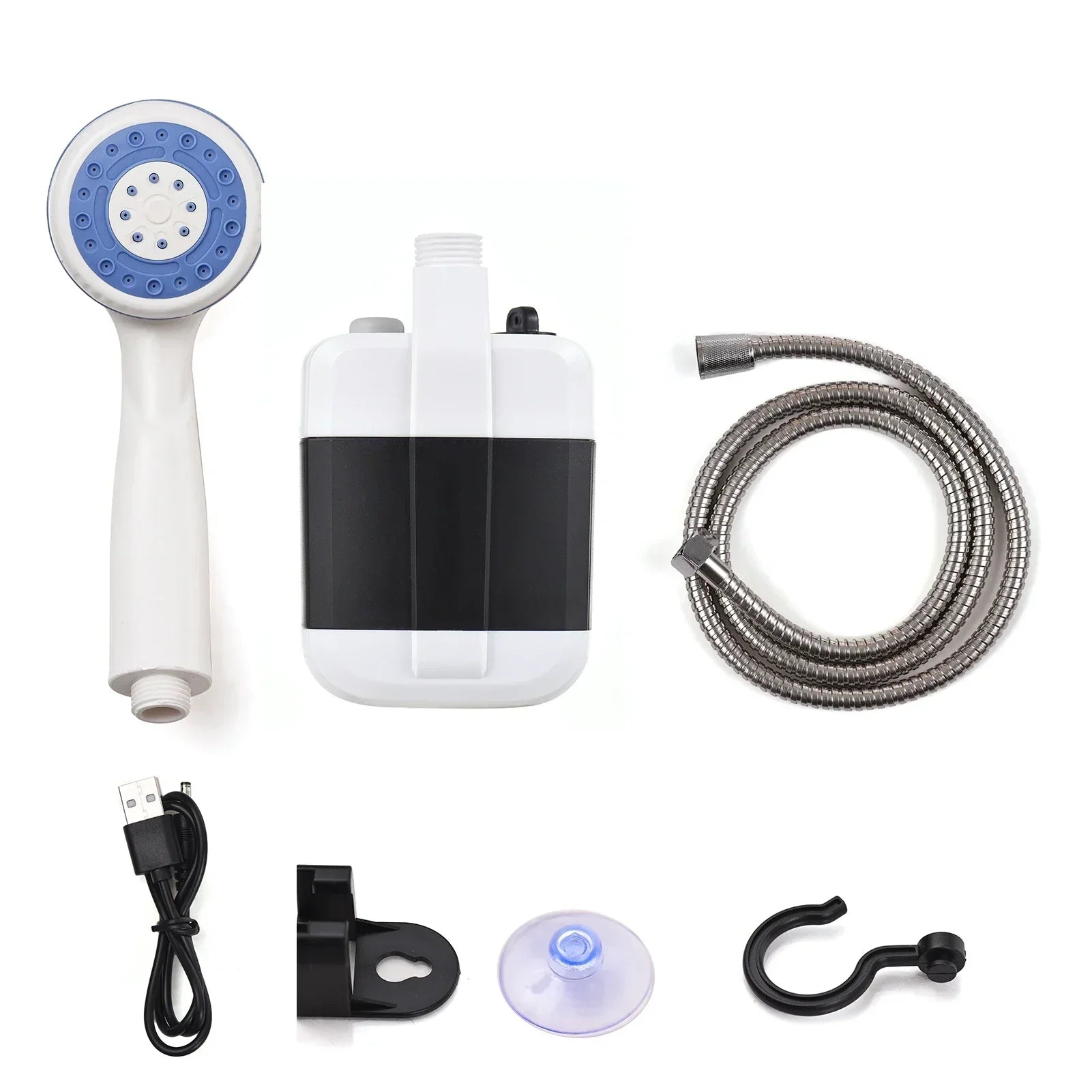 Zubehör-Set der PortableShower: Handbrause, Pumpe, Schlauch, USB-Kabel, Halterung, Saugnapf und Haken