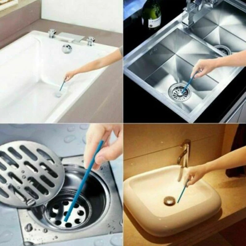DrainCleaner Reinigungsstäbchen im Einsatz in Badewanne, Küchenspüle, Bodenablauf und Waschbecken