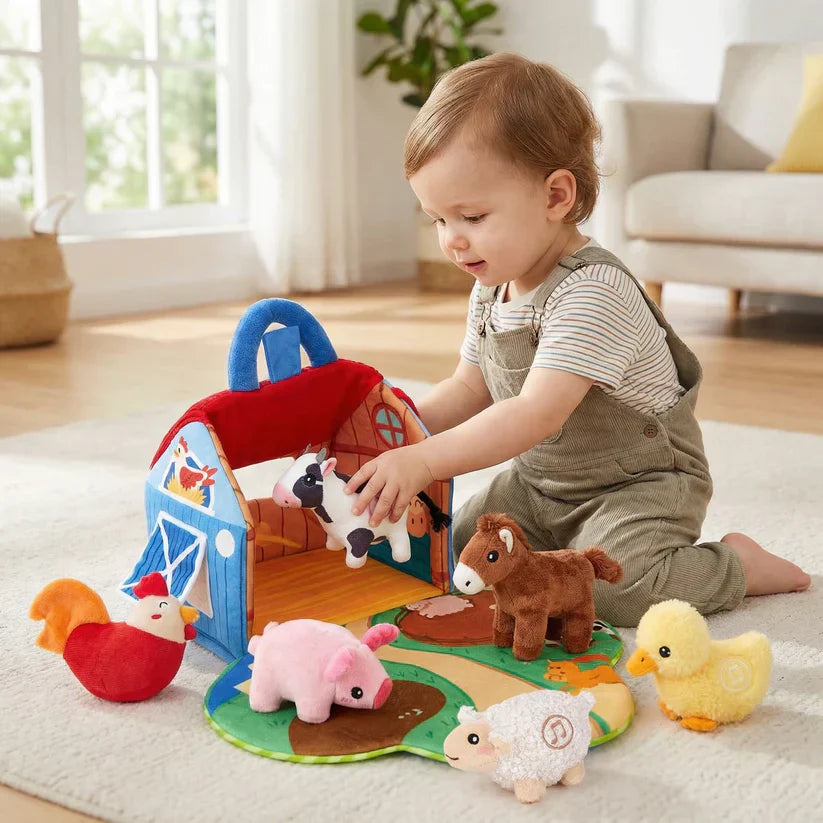 FarmPlayset Bauernhof-Spielzeug Kinder, Plüschtiere mit Tragbarem Spielhaus