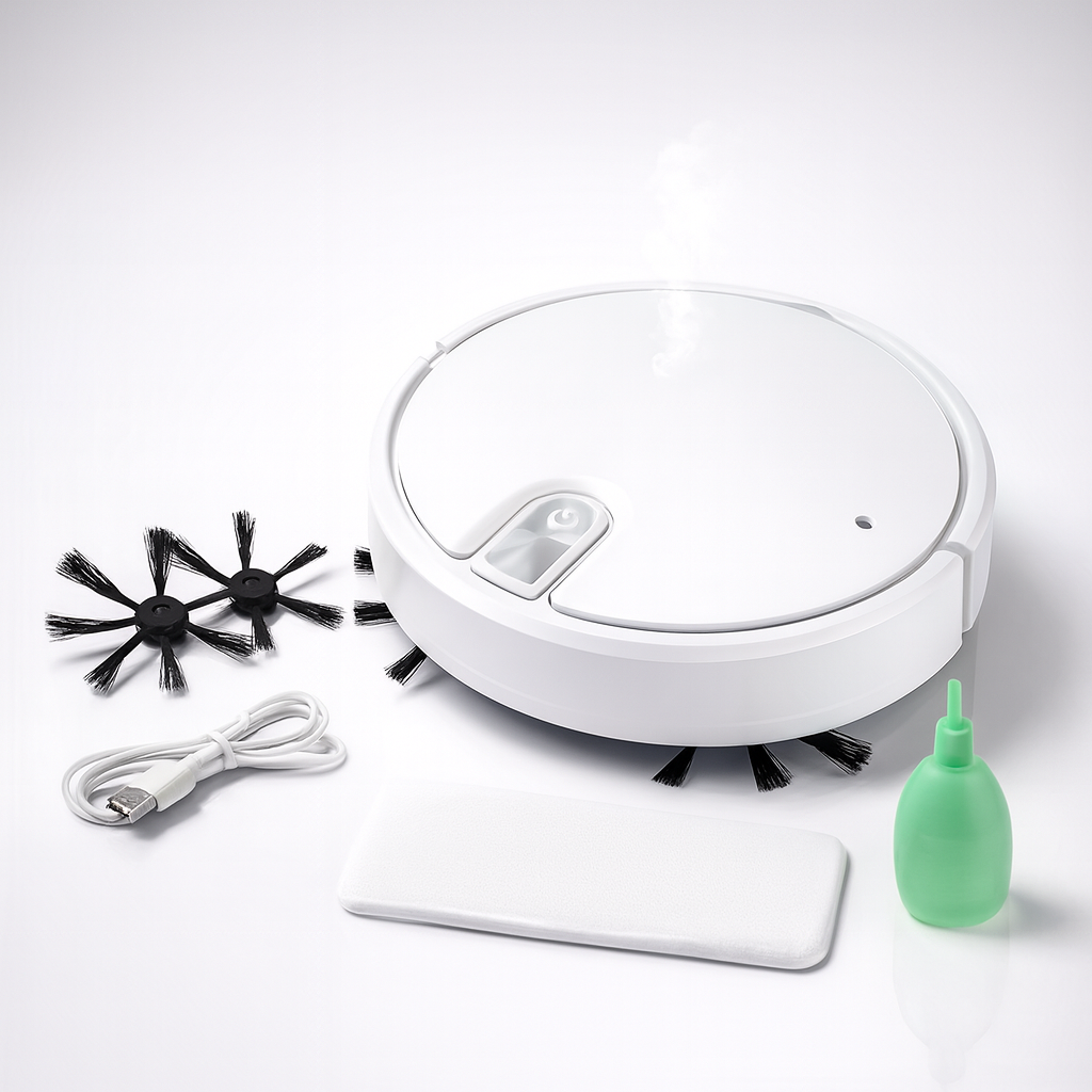Staubsaugerroboter in Weiß mit Zubehör: Seitenbürsten, Ladekabel, Wischtuch, Reinigungsflasche