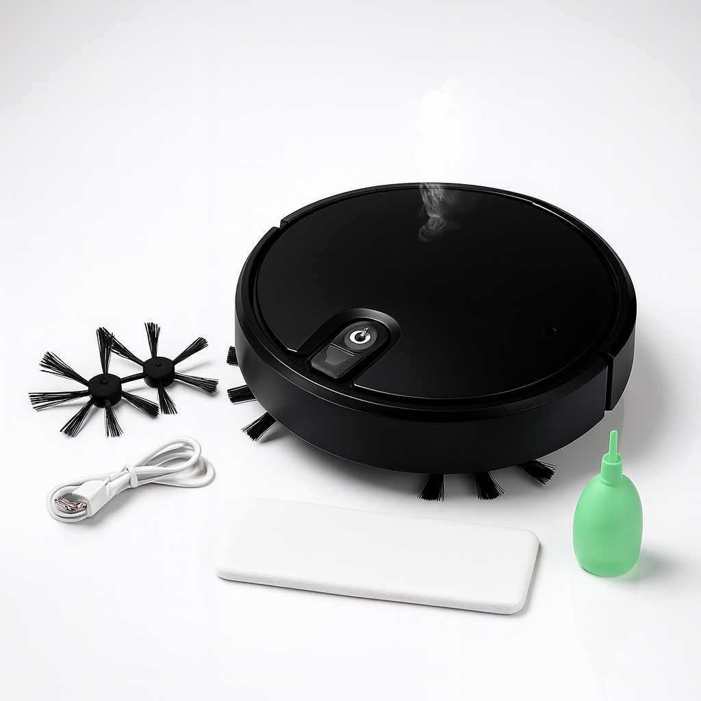 Staubsaugerroboter in Schwarz mit Zubehör: Seitenbürsten, Ladekabel, Wischtuch