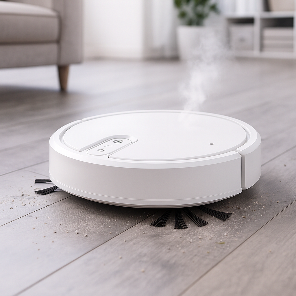 Staubsaugerroboter in Schwarz von oben auf hellem Marmorboden