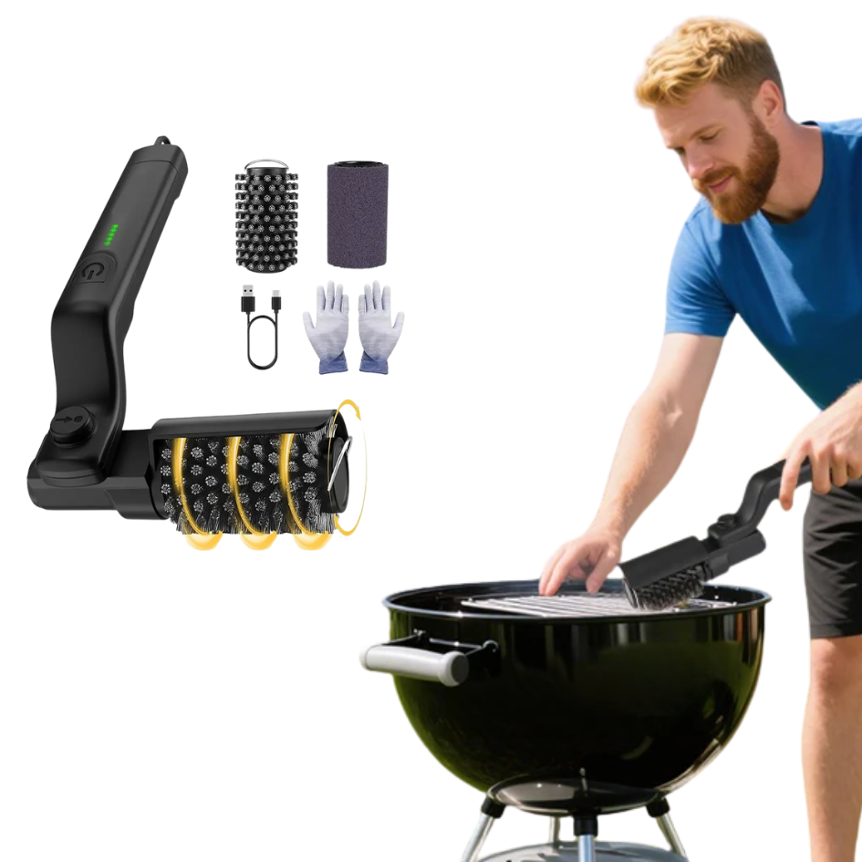 PowerBrush elektrische Grillbürste mit Zubehör im Einsatz am Grill
