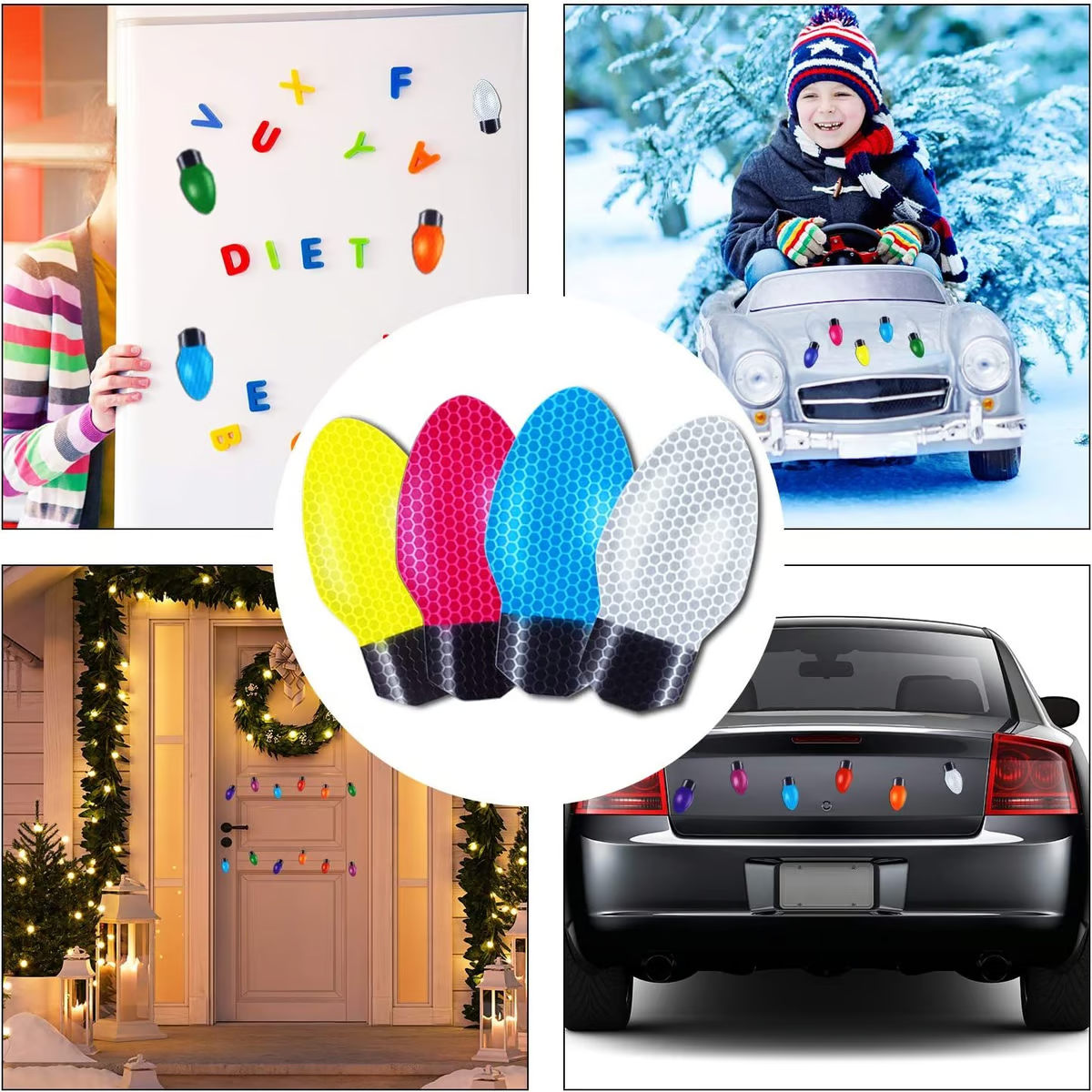 BulbMagnet Anwendungsbeispiele: Kühlschrank mit Buchstabenmagneten, Kinderauto im Schnee, Nahaufnahme der reflektierenden Magnete, Weihnachtstür und Autoheck
